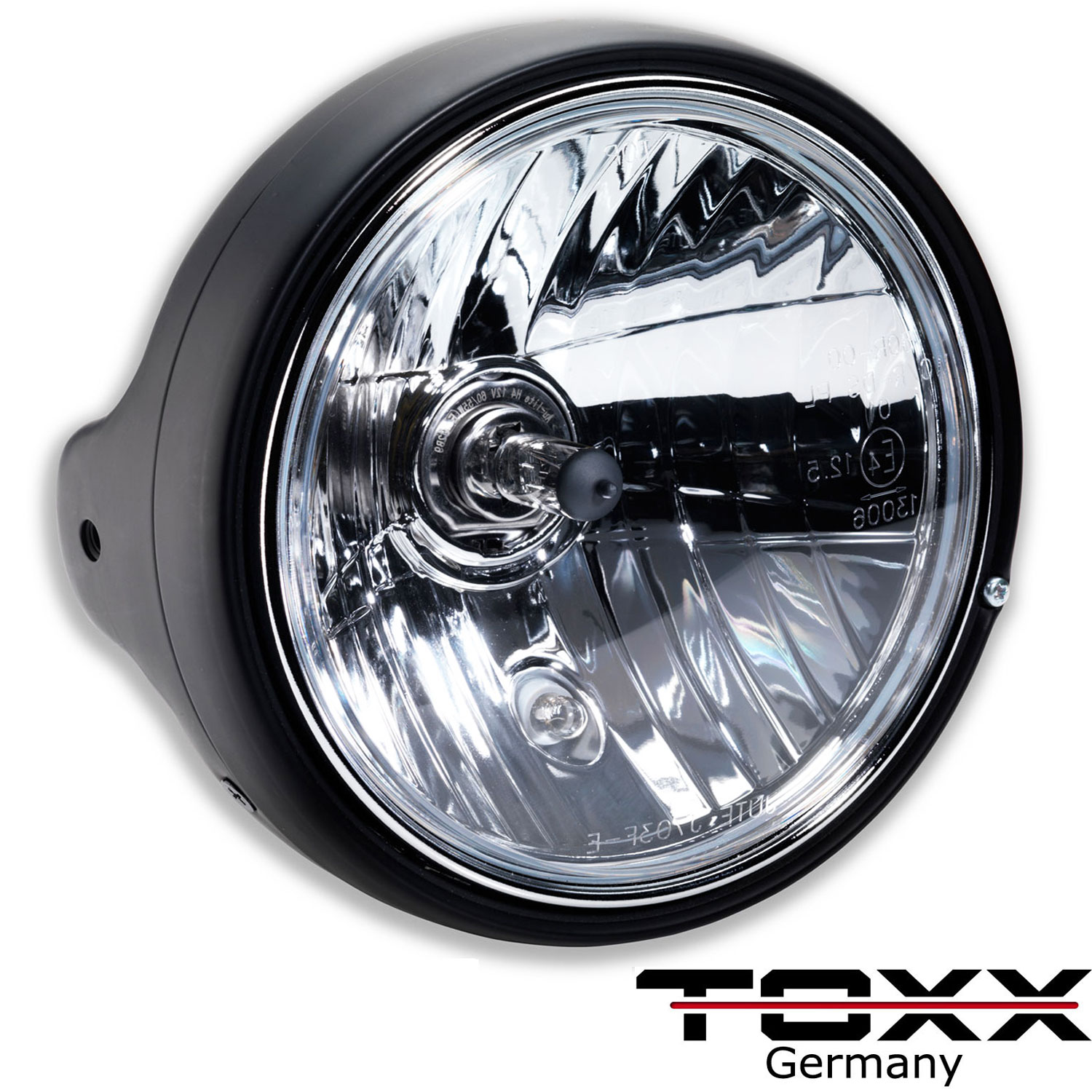 ToXx LED Motorrad Scheinwerfer Skyline H4 Schwarz Klar Glas 5 3/4