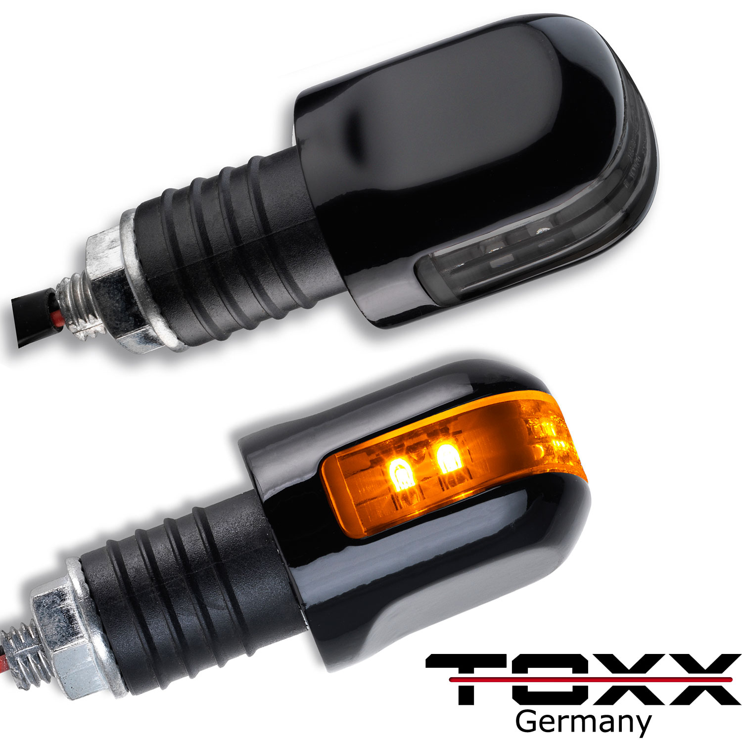 ToXx Motorrad LED Lenkerenden Blinker Schwarz Harley Chopper Custom  CafeRacer, Blinker LED / Halogen, Blinker
