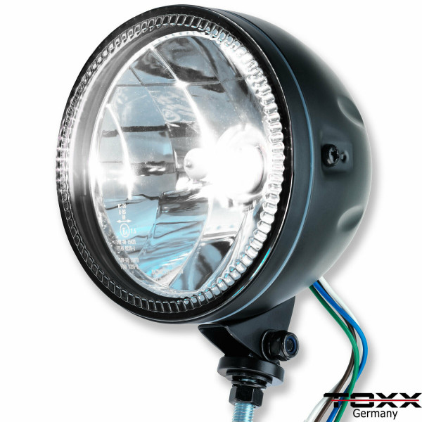 ToXx LED Motorrad Scheinwerfer Skyline H4 Schwarz Klar Glas 5 3/4 Zoll mit Halterung