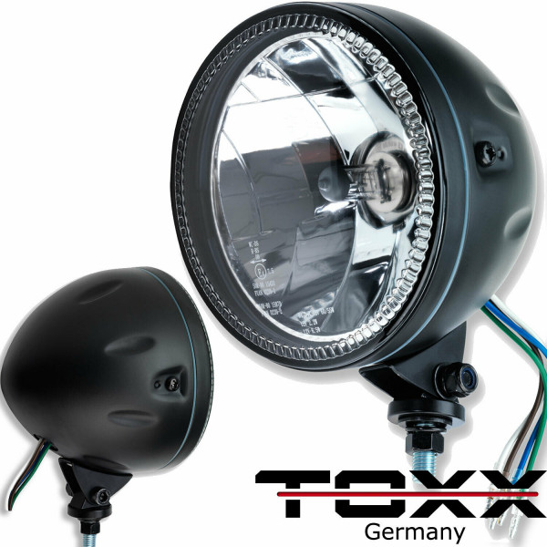 ToXx LED Motorrad Scheinwerfer Skyline H4 Schwarz Klar Glas 5 3/4 Zoll mit Halterung