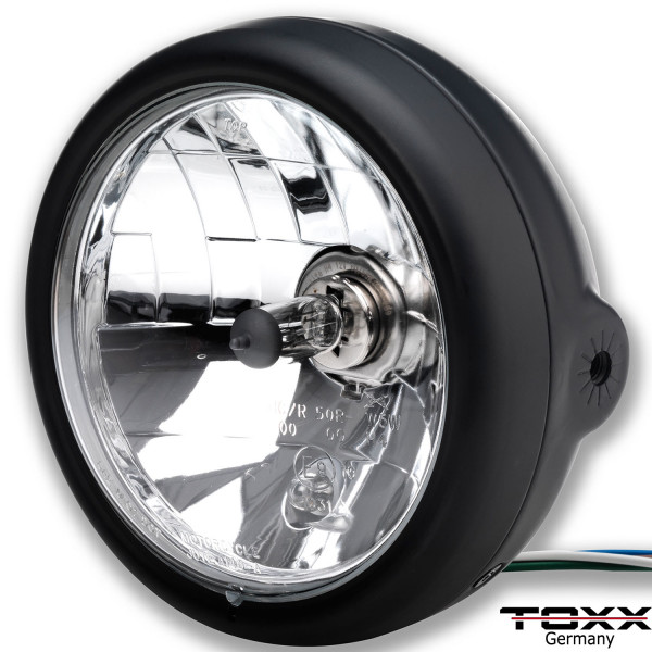 ToXx Motorrad Scheinwerfer Bullet H4 schwarz matt klar 5 3/4 Zoll