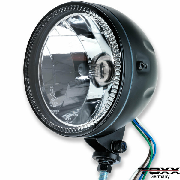 ToXx LED Motorrad Scheinwerfer Skyline H4 Schwarz Klar Glas 5 3/4 Zoll mit Halterung