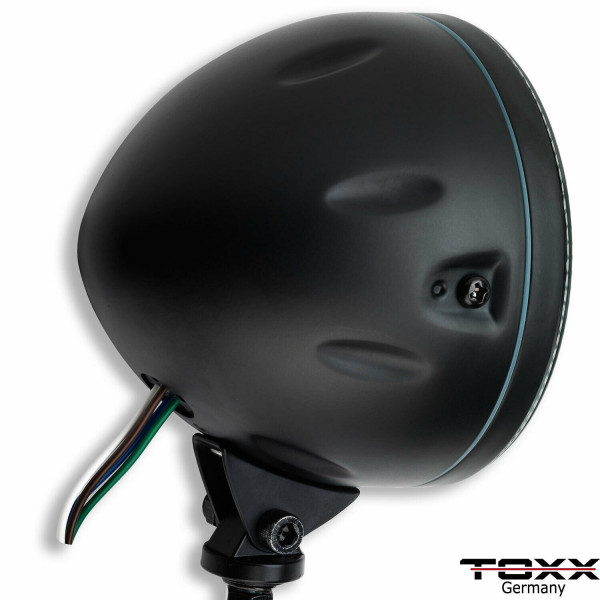 ToXx LED Motorrad Scheinwerfer Skyline H4 Schwarz Klar Glas 5 3/4 Zoll mit Halterung